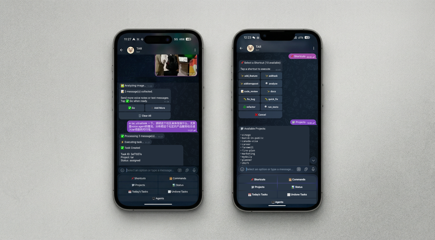 Two mobile phones displaying TAR Telegram interface with shortcuts and project views