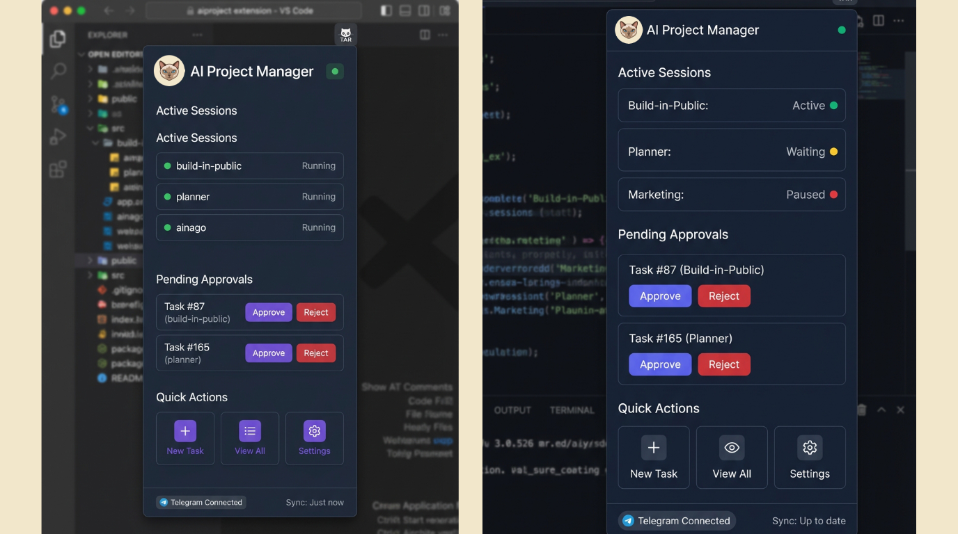 TAR AI Project Manager extension panel in VS Code and web app